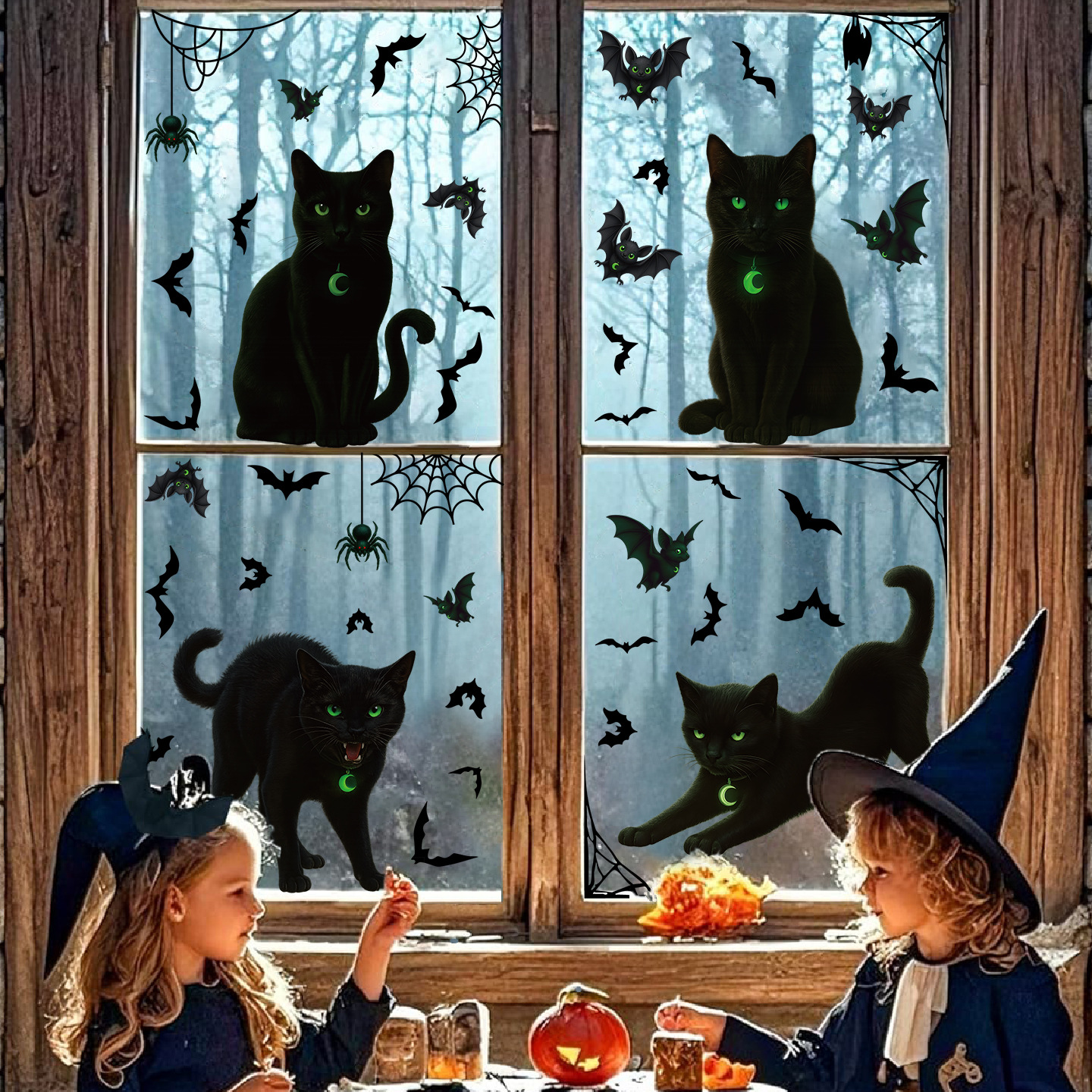 Giấy dán cửa sổ kính trang trí Halloween màu đen mèo dán tĩnh điện kinh dị mắt xanh hài hước mèo con mạng nhện