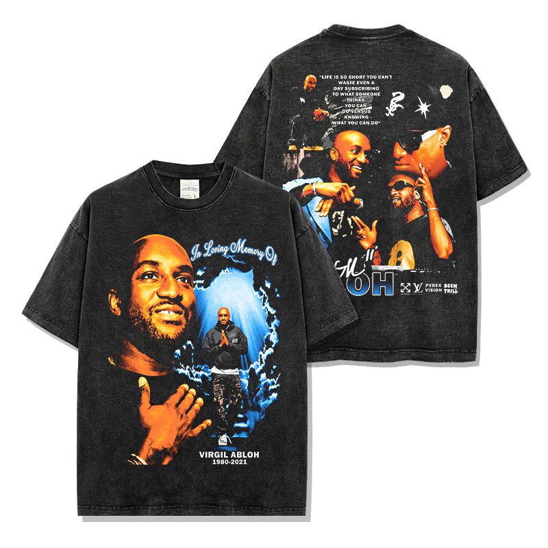 Cross-border American Virgil Abloh Abloh Printed Washed Short-sleeved T-shirt Crewneck Heavy Hooded Sweatshirt for Men