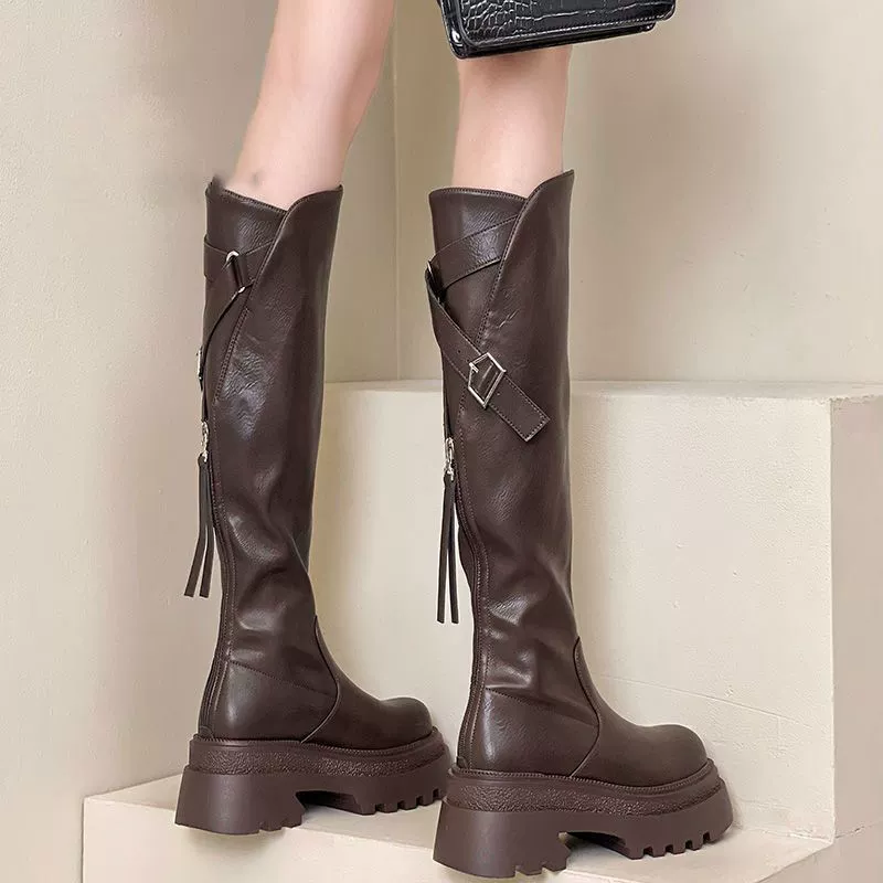 Рыцарские сапоги с толстой подошной 2024 осенью и зимой новые молнии