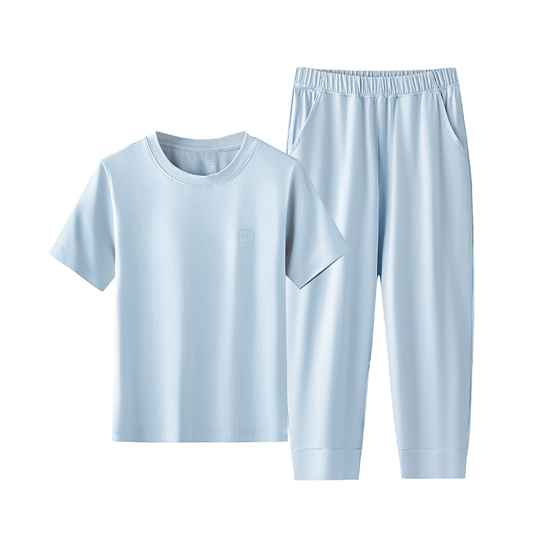 Nuevo conjunto de pijamas casuales de algodón modal antiácaros para niños y niñas, adecuado para salir, pantalones tres cuartos, conjunto para estar en casa, en stock.