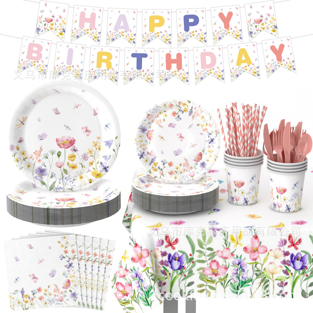 Nuevos platos de fiesta de flores silvestres cubiertos de fiesta de cumpleaños bandeja de papel desechable toallas de papel decoración de bandera