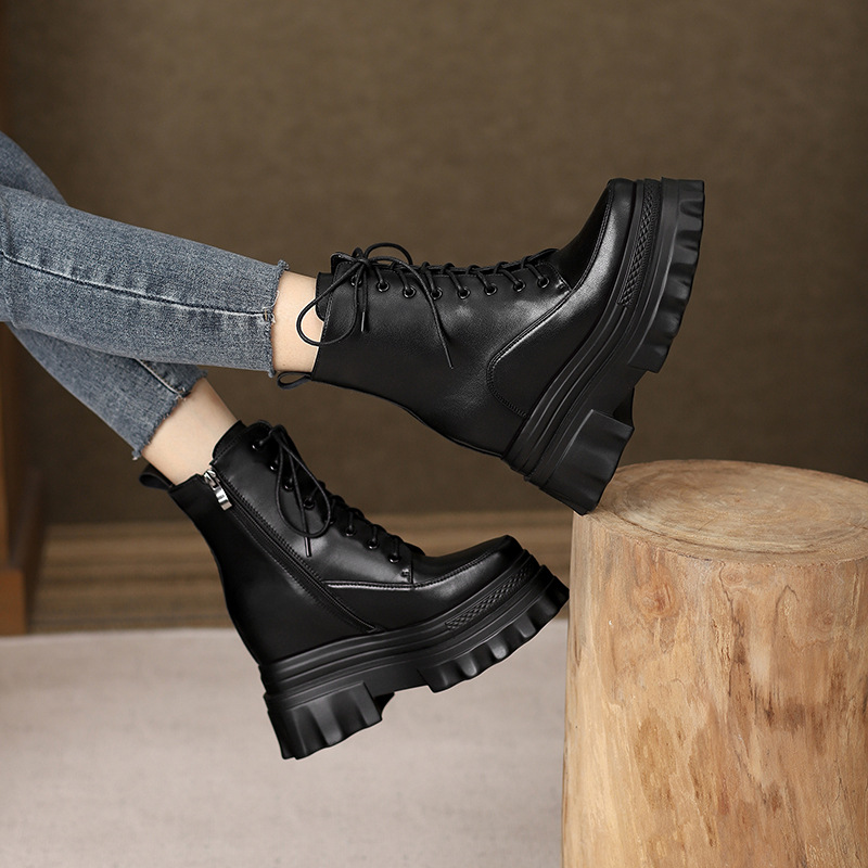 Boot nữ đế tăng chiều cao 10cm dây buộc mùa thu đông — Lớp lót nhung đen, Lớp lót đơn màu nâu sẫm, Lớp lót đơn màu đen, Lớp lót nhung màu nâu sẫm