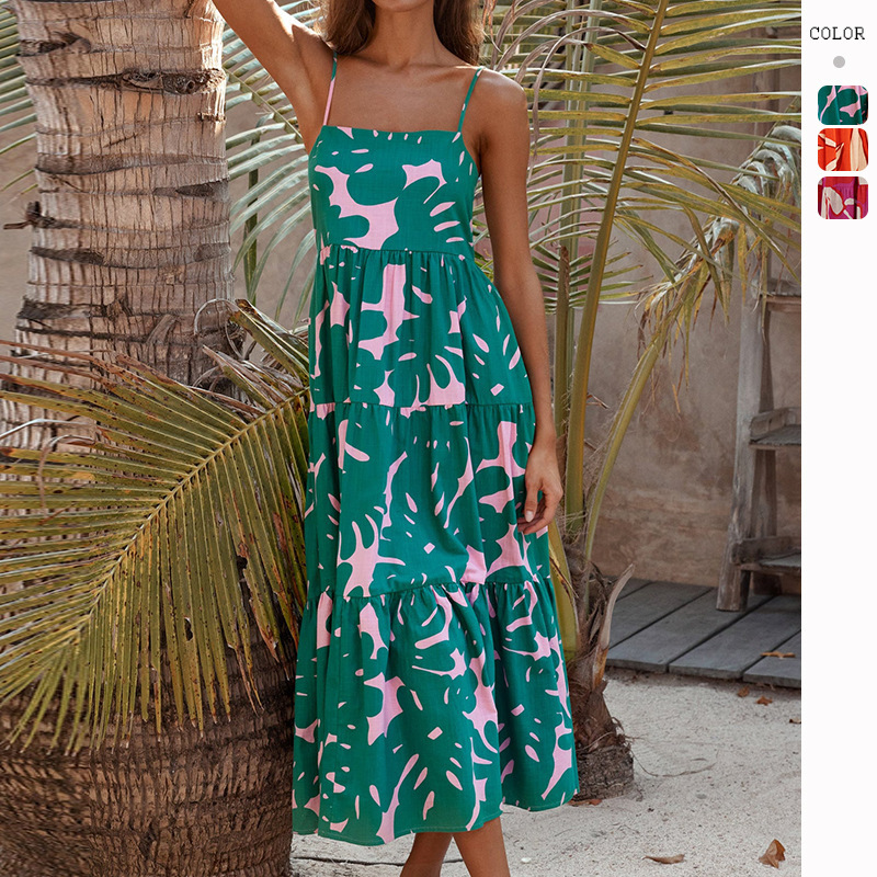 Cross-border Independent Station European and American Summer Vacation Thin Shoulder Strap Backless Printed A- length Casual Swing dress Women