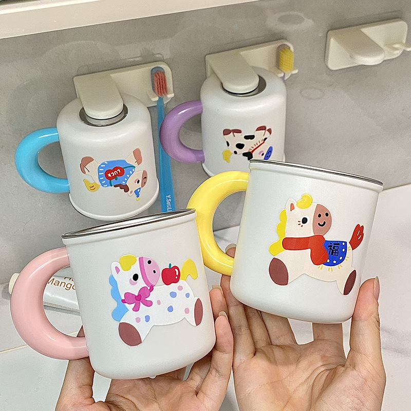 Cartoon 316 stainless steel inverted magnetic toothbrush cup, antibacterial brushing cup, household mouthwash cup for couples and children