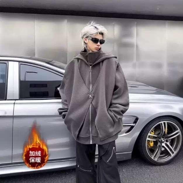 美式重工解构设计感连帽衬衫纯色保暖秋冬复古男装假两件加绒外套