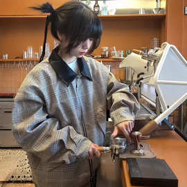 芸蚁错落拼接千鸟格廓形外套男cleanfit哈灵顿皮领夹克设计感上衣