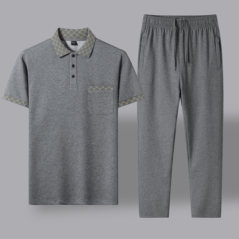 Papá verano algodón casual set hombre de manga corta de mediana edad suelta polo casual con solapa abuelo pantalones largos