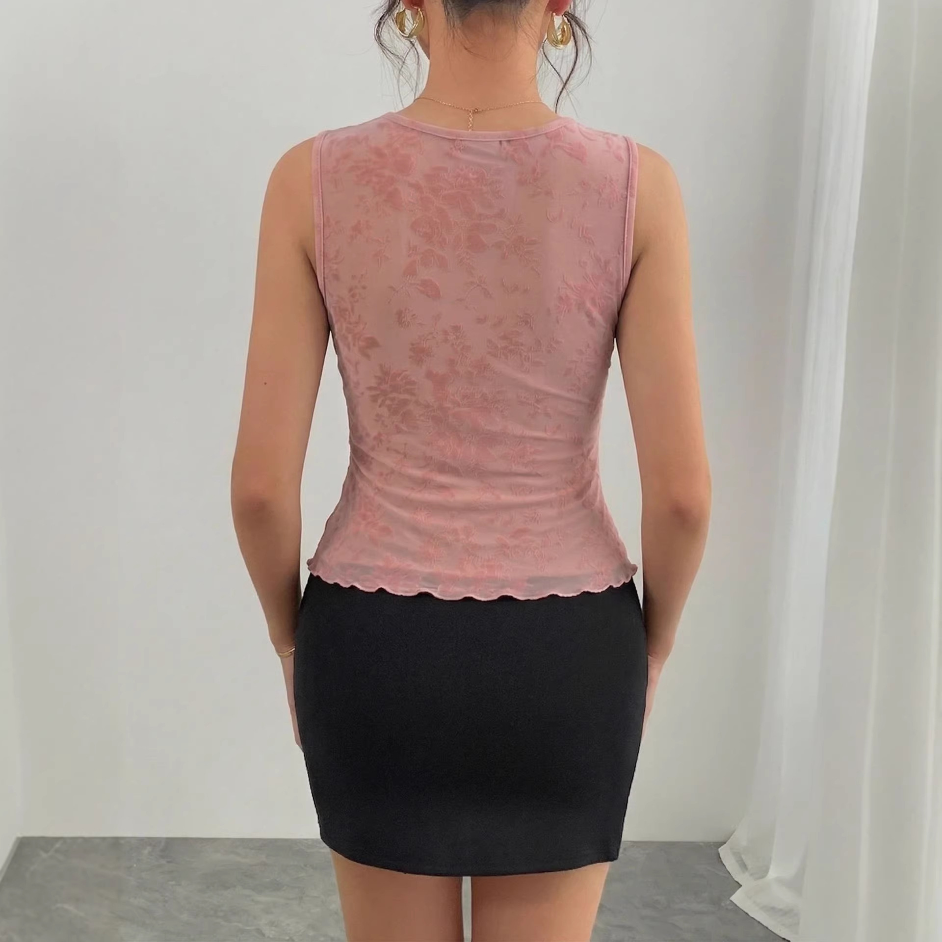 Women's Slim Fit Lace Vest Top Pink Color Block V Neck Flocked Mesh Style Spring Summer New_ecoleips.com