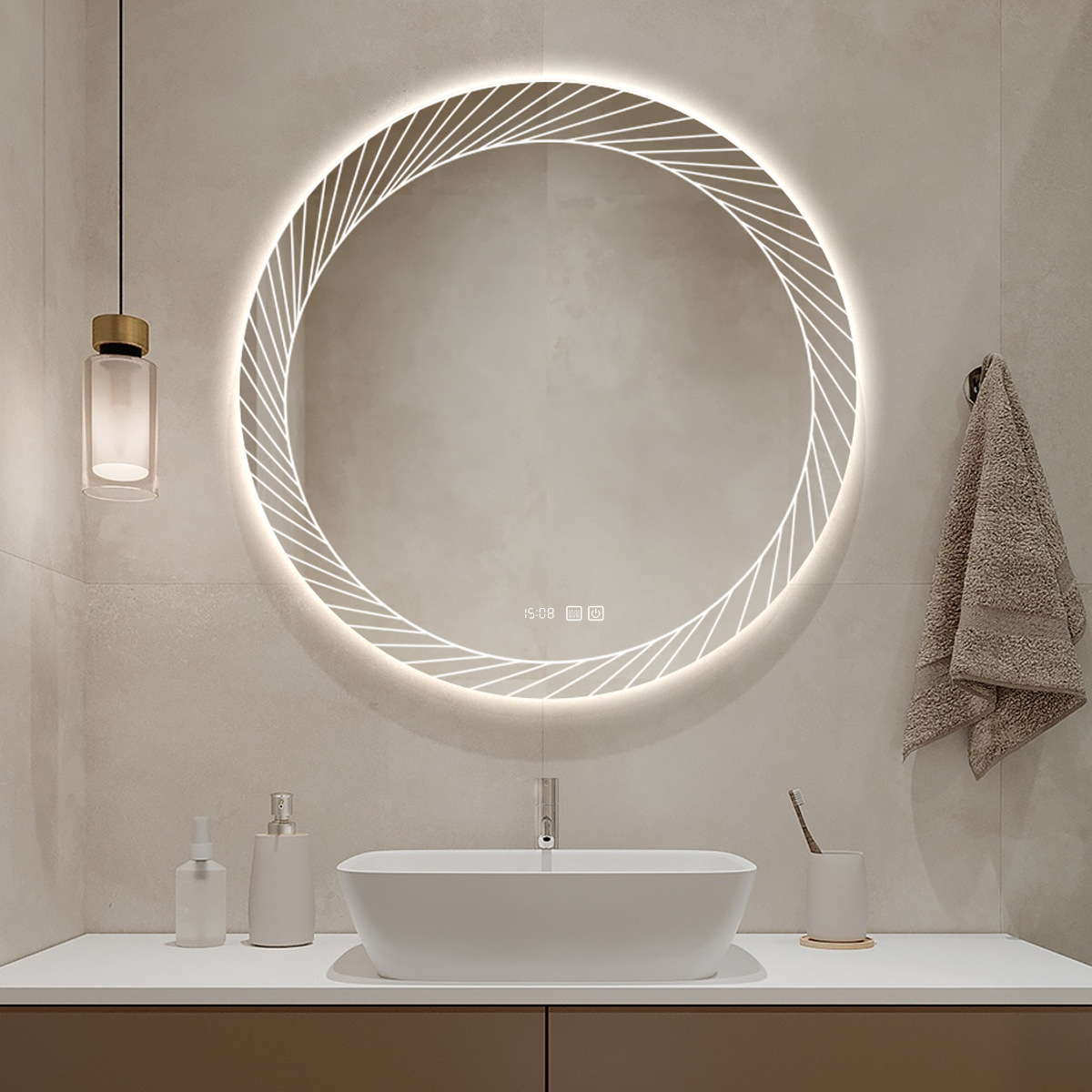 Espejo de baño inteligente comercial espejo de inodoro pared espejo de maquillaje LED iluminante antiniebla pantalla táctil láser nuevo