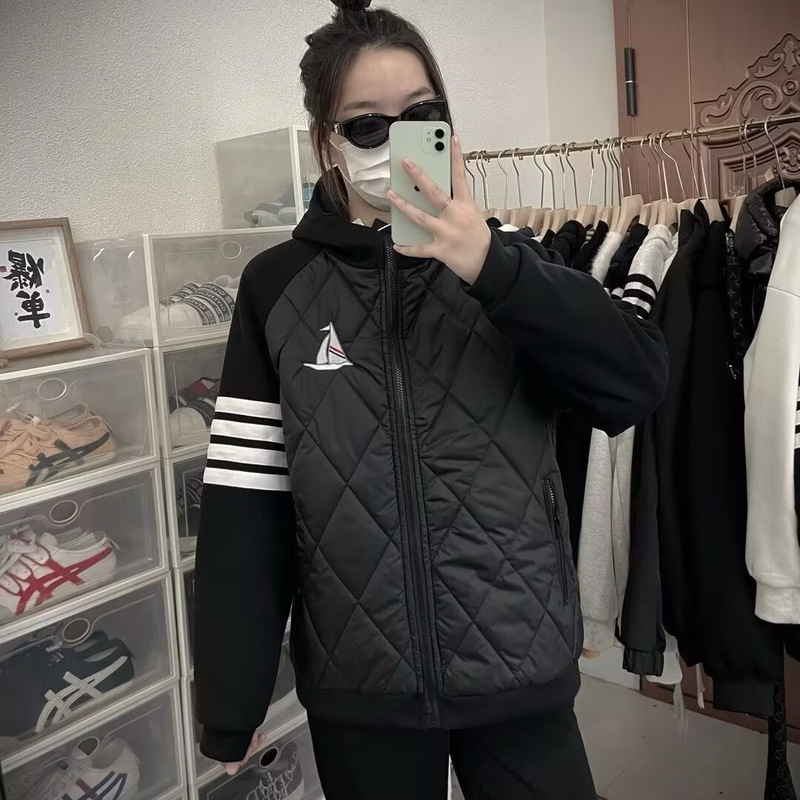 2025 Autumn and Winter Spliced ​​Sailboat Cotton Outwear Preppy Style Versatile Warm Couple Hooded Cotton Jacket Trendy Pure Color Jacket