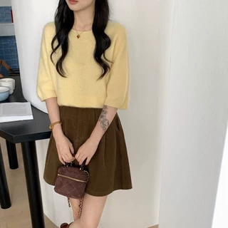无缝拉毛羊绒短袖女圆领宽松T恤时尚高级感半袖羊毛衫跨境批发