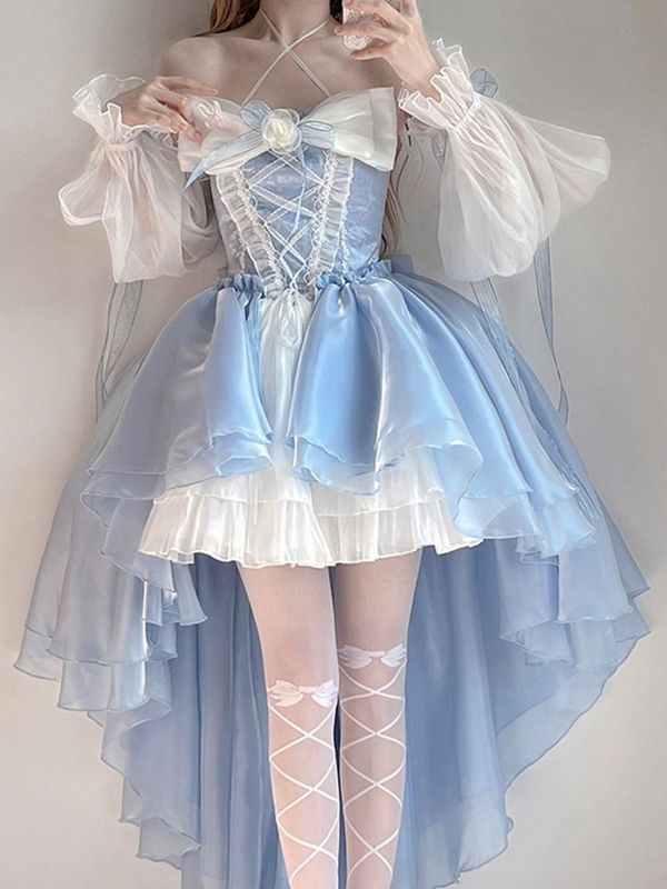 蓝色lolita连衣裙洋装设计前短后长花嫁重工大蝴蝶结拖尾公主裙子|undefined