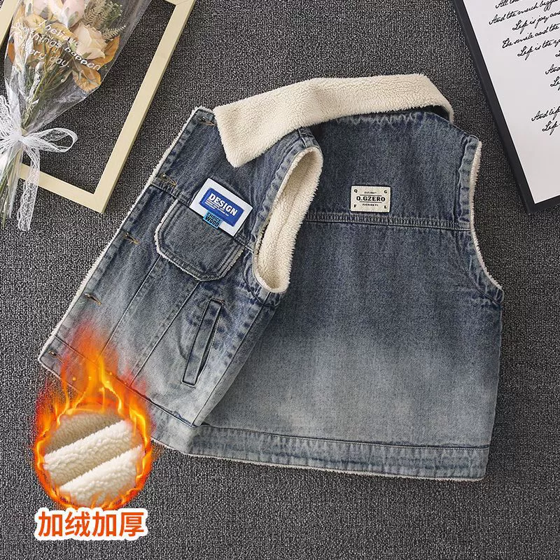 Основная школьная форма: жилет на флисовой подкладке для мальчиков, новый осенне-зимний корейский стиль, стильная куртка без рукавов для мальчиков, модный толстый джинсовый жилет.