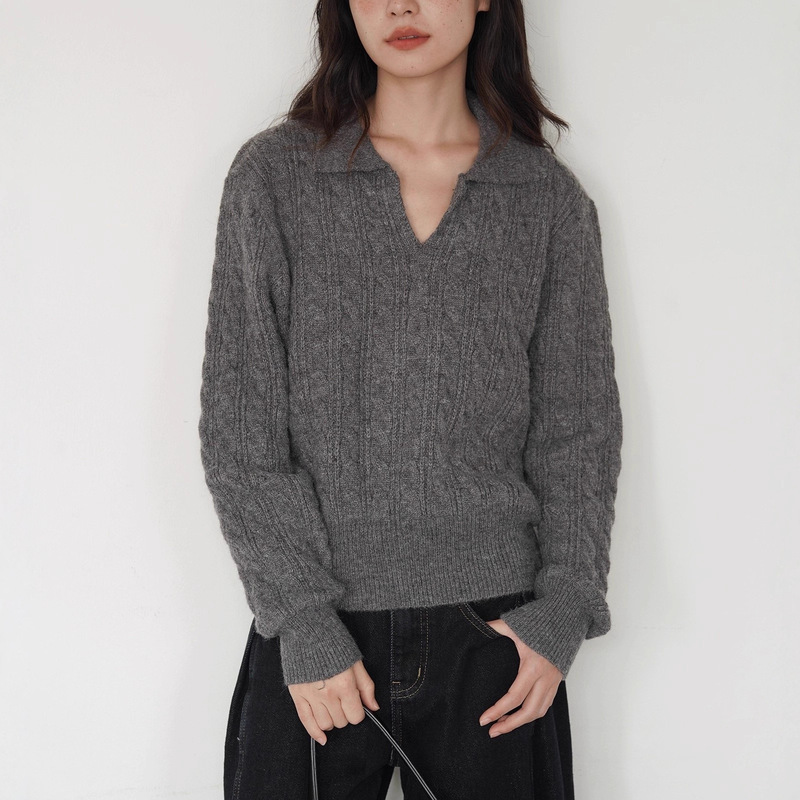 EIGHTHMONTH灰色polo领麻花毛衣女冬季宽松复古套头外穿针织上衣|undefined