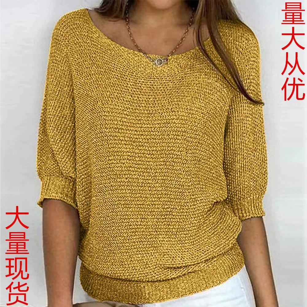 Новый европейский и американский AliExpress Wish сплошной трикотаж с круглым вырезом