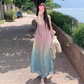 海南三亚海边度假风渐晕染变吊带连衣裙女夏新中式宽松多巴胺长裙