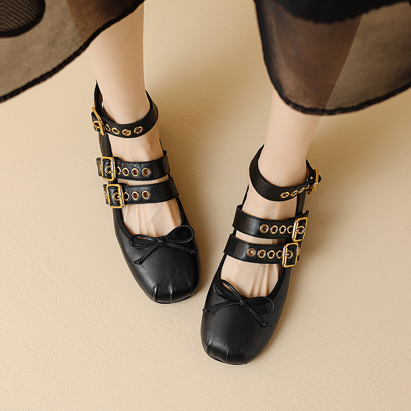 Cross-Border Export 2025 Autumn and Winter New Style Round Toe Fashionable Shallow Mouth Super Soft First Layer Cowhide Beanie Shoes Flats Shoes for Women