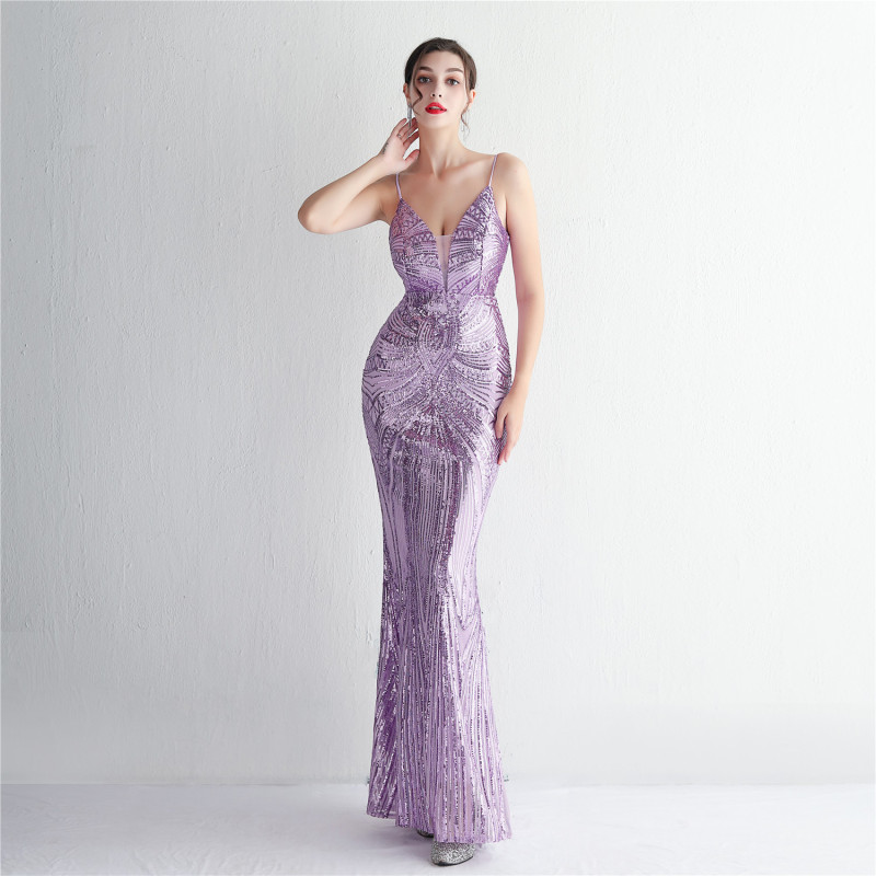 19330 # Positioning Flower New Suspender Evening Sequined Dress Long Banquet Slim Evening Dress Elegant Temperament