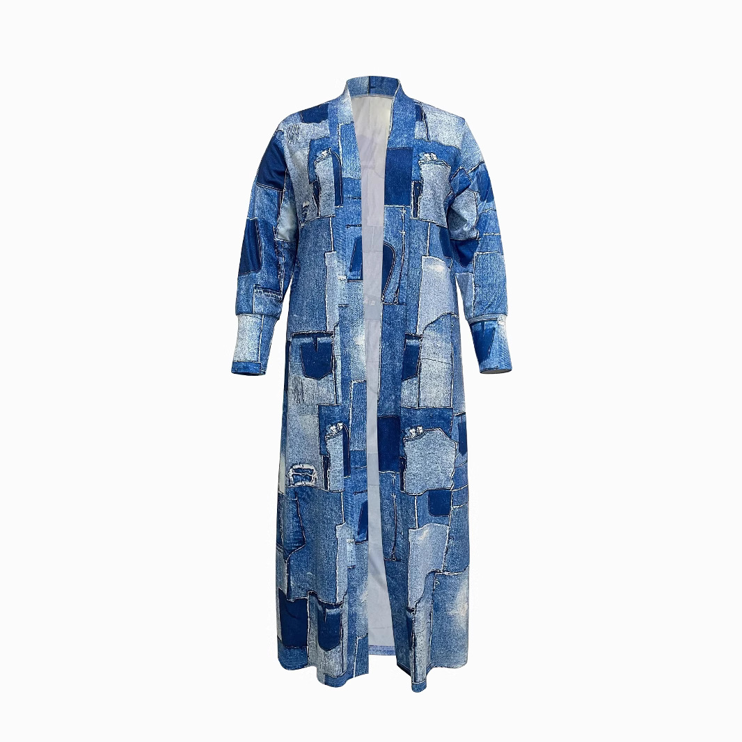 Giacca a vento lunga da donna con stampa denim - Giacca blu versatile senza collo con chiusura a zip integrale_voghion.com