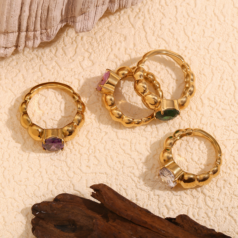 Oval Diamond Inlaid Stainless Steel Ring