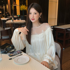 Xiuxixi 2025 秋白ラベル新韓国スタイル多用途花柄シフォン半袖シャツトップ 89480