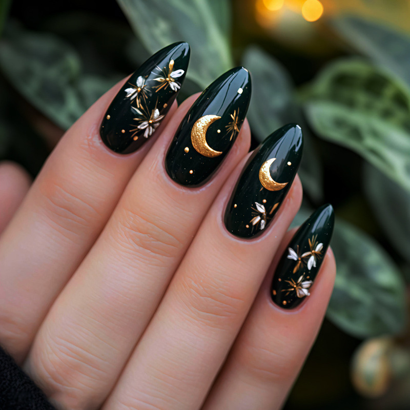 Cross-Border New Moon High-End Wearable Nails Almond Nails Dark Green Fake Nails Women's Wearable Nails Foreign Trade Wholesale