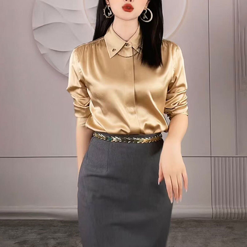 Same Style as in the Mall 2026 Women's Spring and Autumn Silky Casual Loose Long-Sleeved Shirt with Metal Chain 5300988