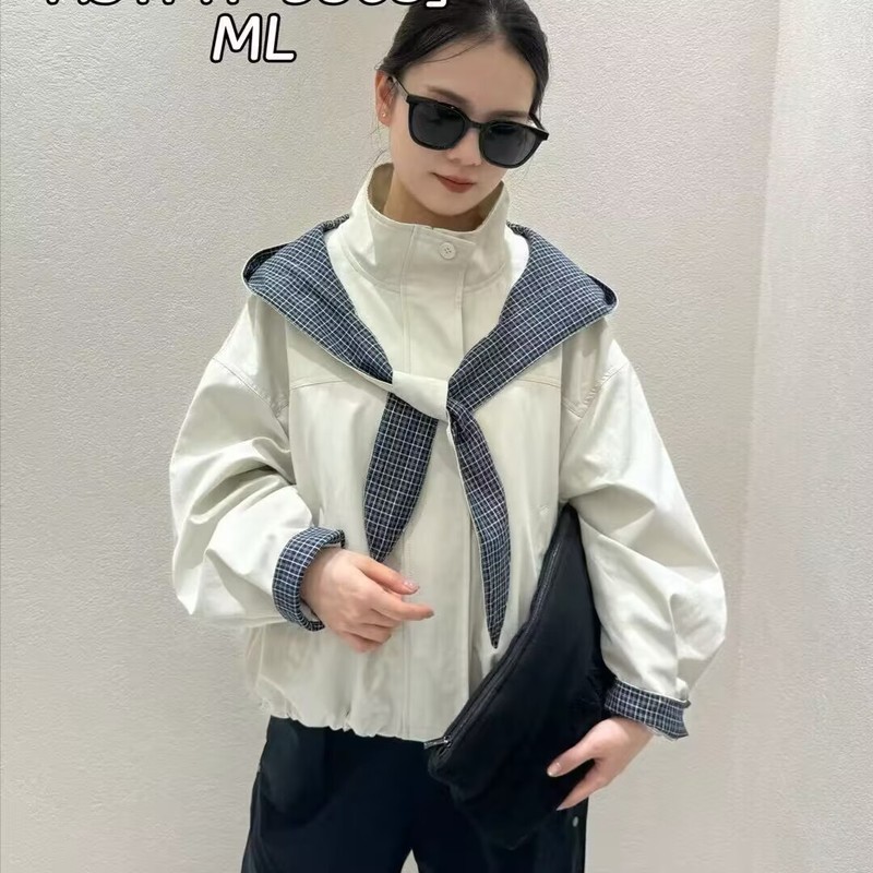 高端25秋新款韩版洋气宽松连帽格子拼接百搭小个子减龄冲锋衣外套|undefined