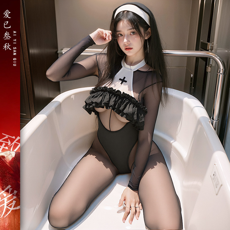Sexy Lingerie, Sexy Uniform, Abstinence Nun Costume, Halloween Plus Size Role Play Crotchless Jumpsuit Suit