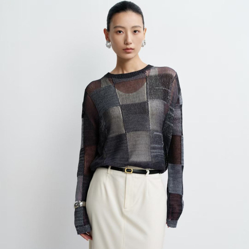 Japanese Paper Yarn! Unique Hollow-Out Design Round-Neck Knitwear for Women, Spring and Summer Round-Neck Long-Sleeve Sun Protection Cover-Up, Thin