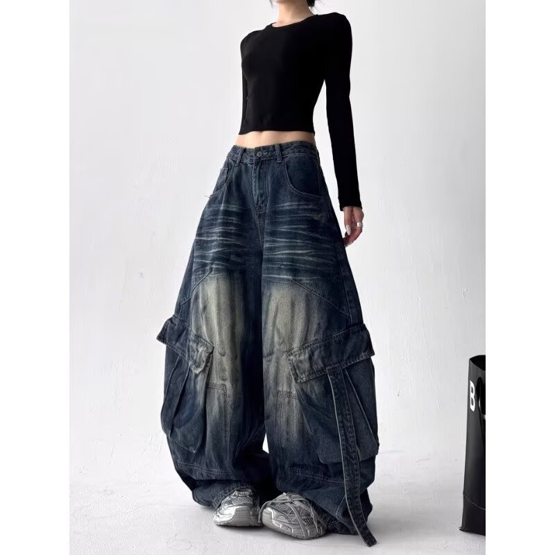 跨境贸易大码美式裂纹水洗做旧牛仔裤女秋冬新款设计感高腰宽松直