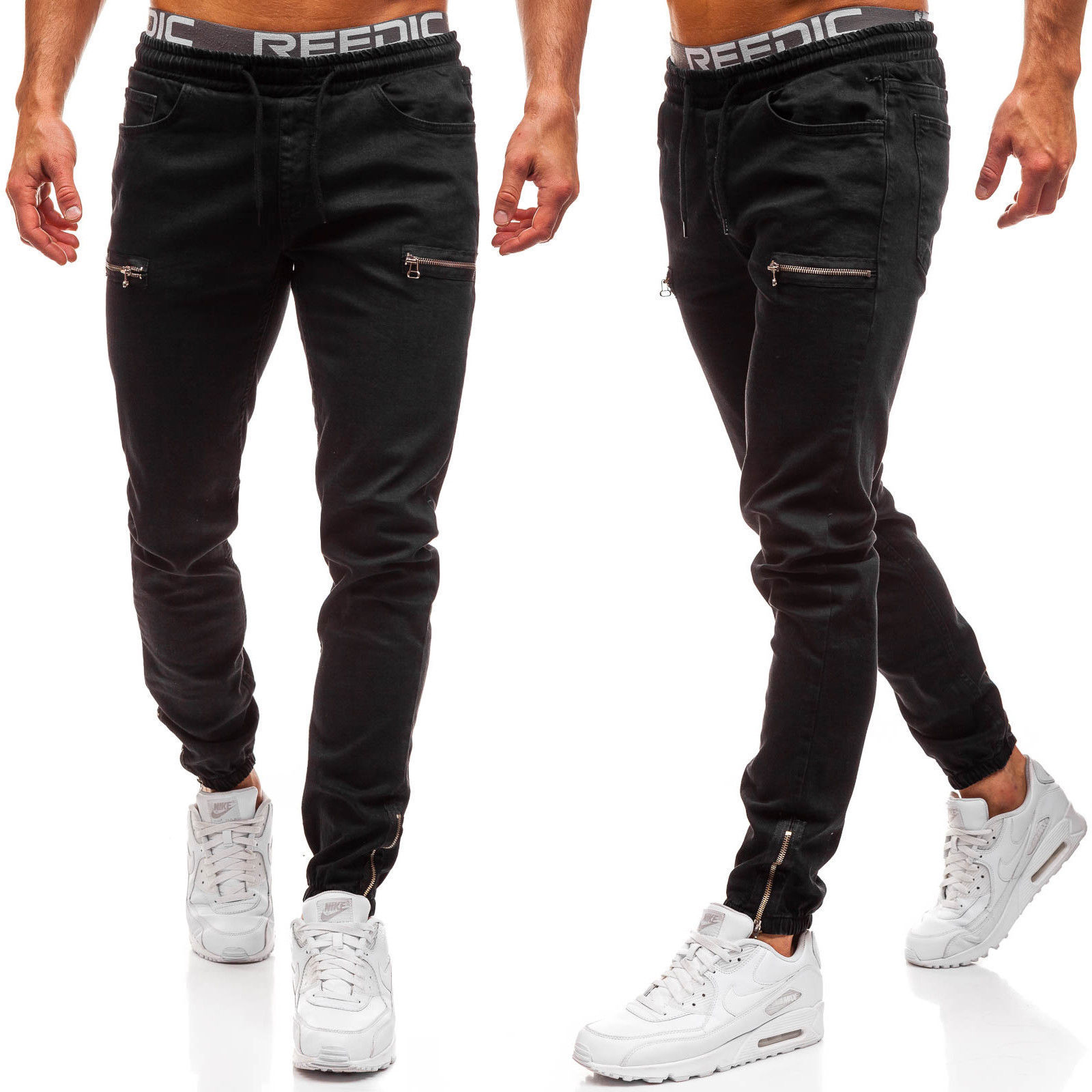 Men's Elastic Denim Pants Casual Frosted Zipper Drawstring Jeans Training Jogger Athletic Multi Pockets Ankle Tied Sweatpants_voghion.com