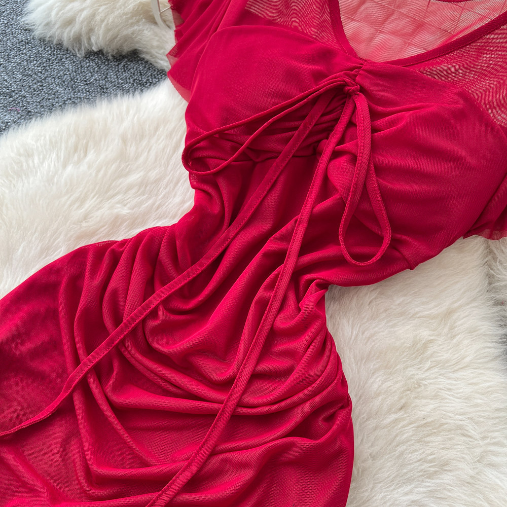 Elegant Red Short Sleeved Dress for Women Korean Style Pleated A-Line Long Skirt Sophisticated Flattering Slimming Work Dress_ecoleips.com