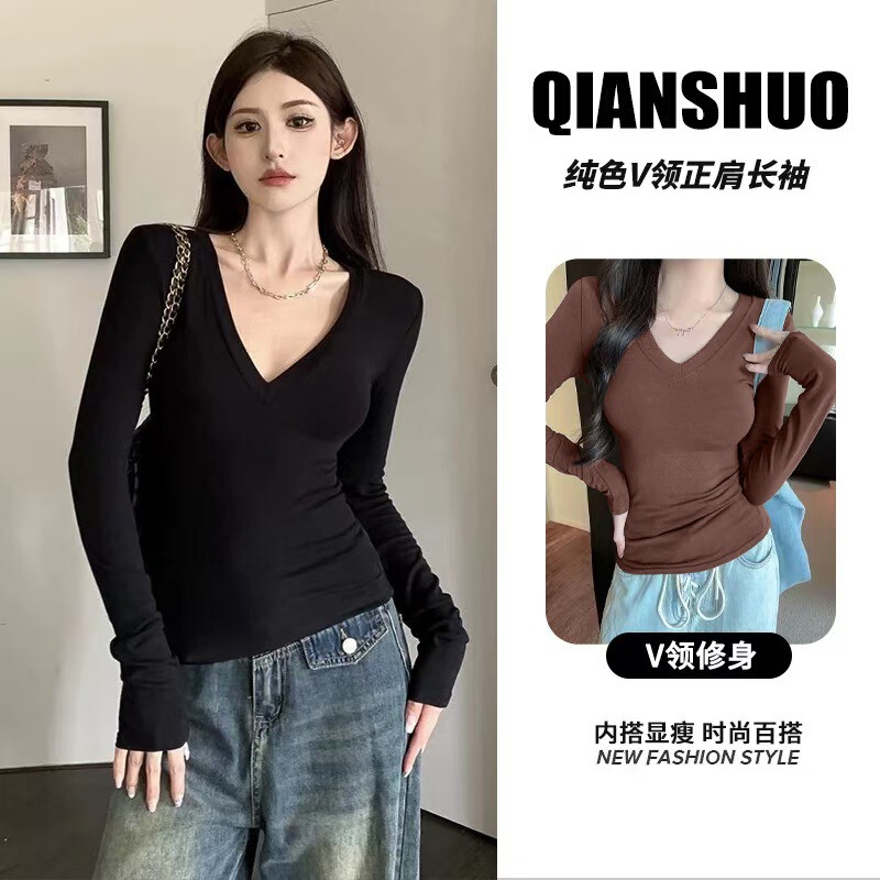 4618 # Official Image 280g Threaded Velvet V Neck Bottoming Shirt for Women in Spring, Autumn and Winter with Thickeneded Velvet Long-Sleeved T-Shirt