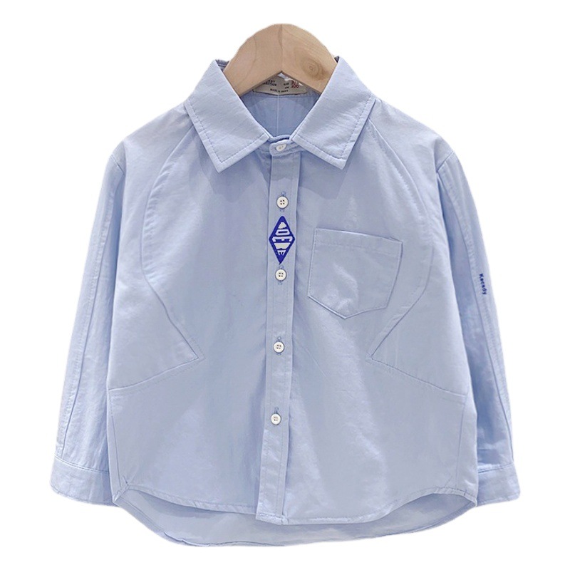 Camisa de manga larga para niños 2024 primavera bebé estilo coreano camisa de color sólido bordado pequeño estándar ropa de primavera para niños camisa para niños