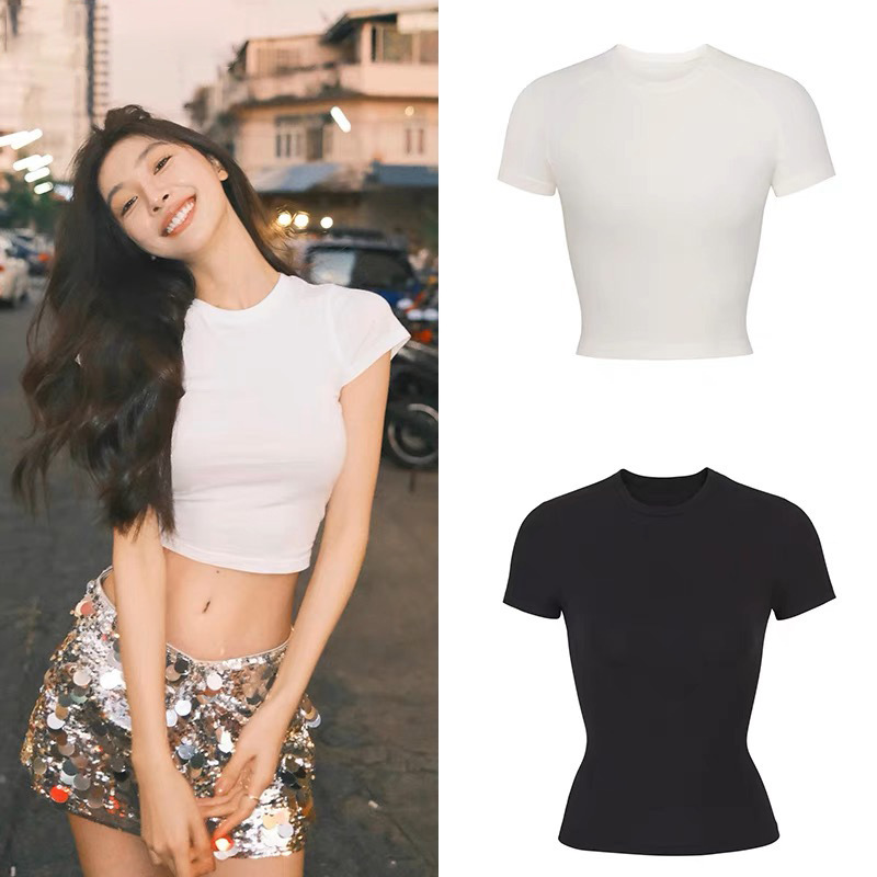 Yi Mengling same elastic cotton short sleeve round neck slim T-shirt women's navel short version/regular version black white gray Yi Mengling same elastic cotton short sleeve round neck slim T-shirt women's navel short version/regular version black white gray
