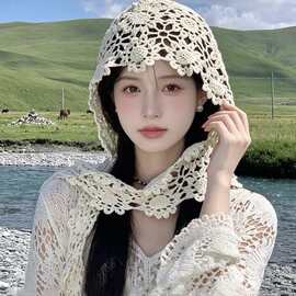 夏季钩花蕾丝镂空帽子女小众民族风旅游穿搭拍照显脸小针织套头帽