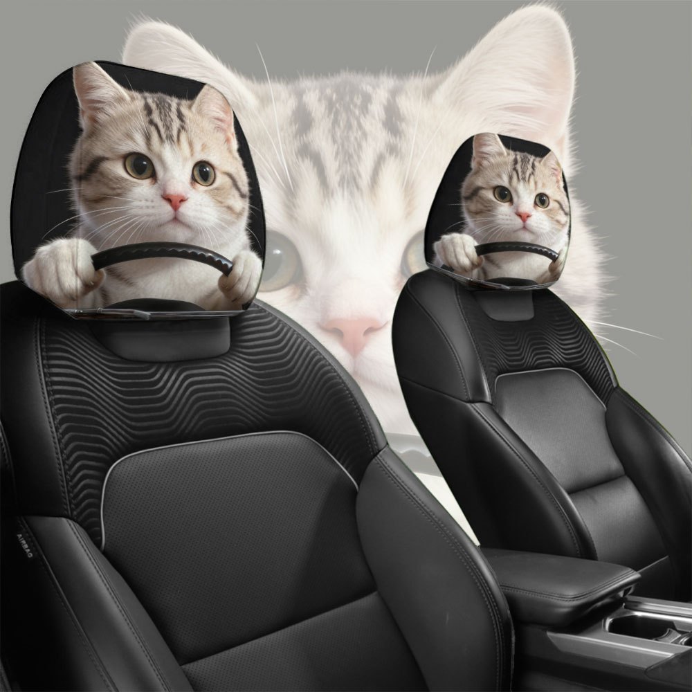 Car seat headrest cover with cute cat theme, personalized print, universal for car interiors, can be customized with labels and made according to provided images