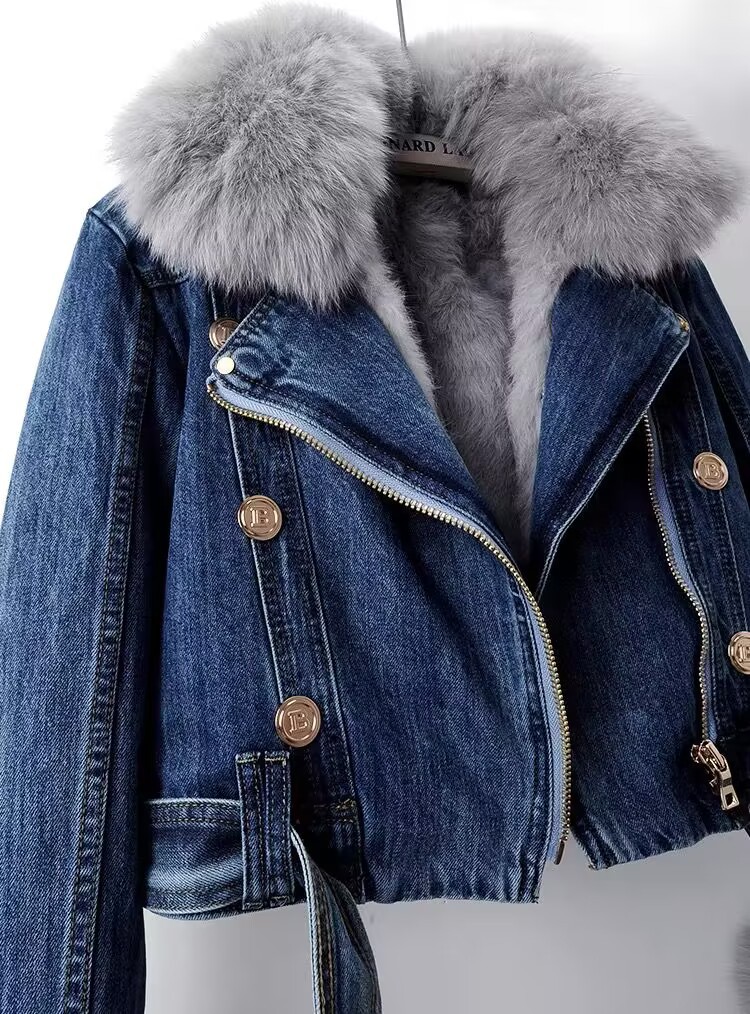 Vêtements pour femmes automne et hiver nouvelle fourrure amovible doublure en fourrure de lapin veste en jean veste courte pour femme veste de fête_voghion.com