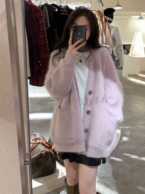 水貂绒毛衣外套女日系复古开衫秋冬新款慵懒风宽松针织衫外穿上衣|undefined