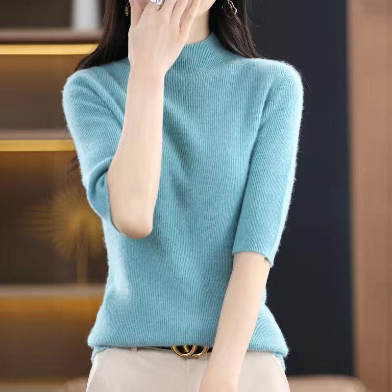 女性用の西洋風ボトムシャツ、七分袖、春秋のミッドスリーブ、ハーフタートルネック、スリムで高級な半袖ニットセーター|undefined