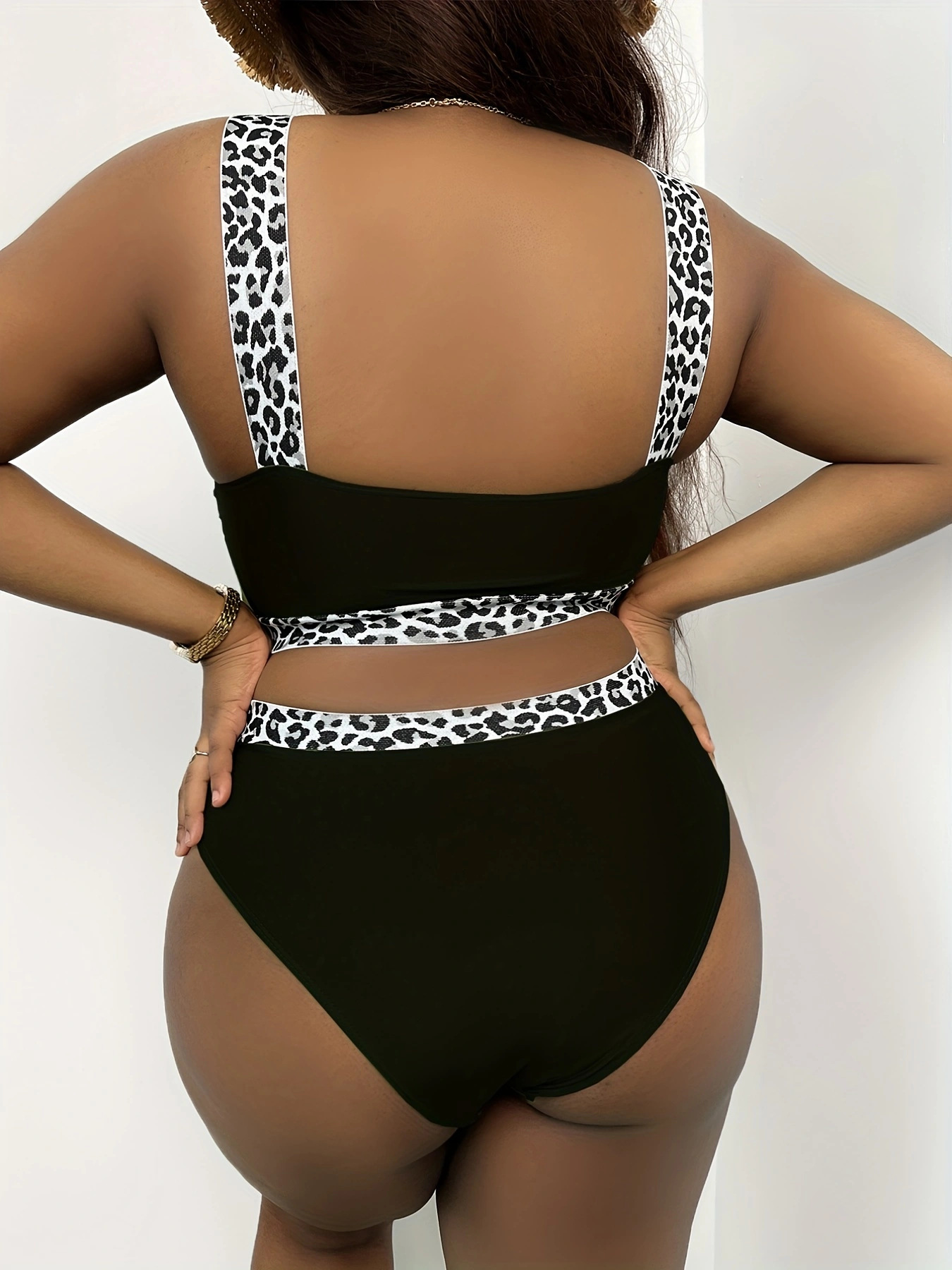 New European American Style Plus-Size Tank Top Bikini With Solid Color And Leopard Print, High-Waisted, Popular On_ecoleips.com
