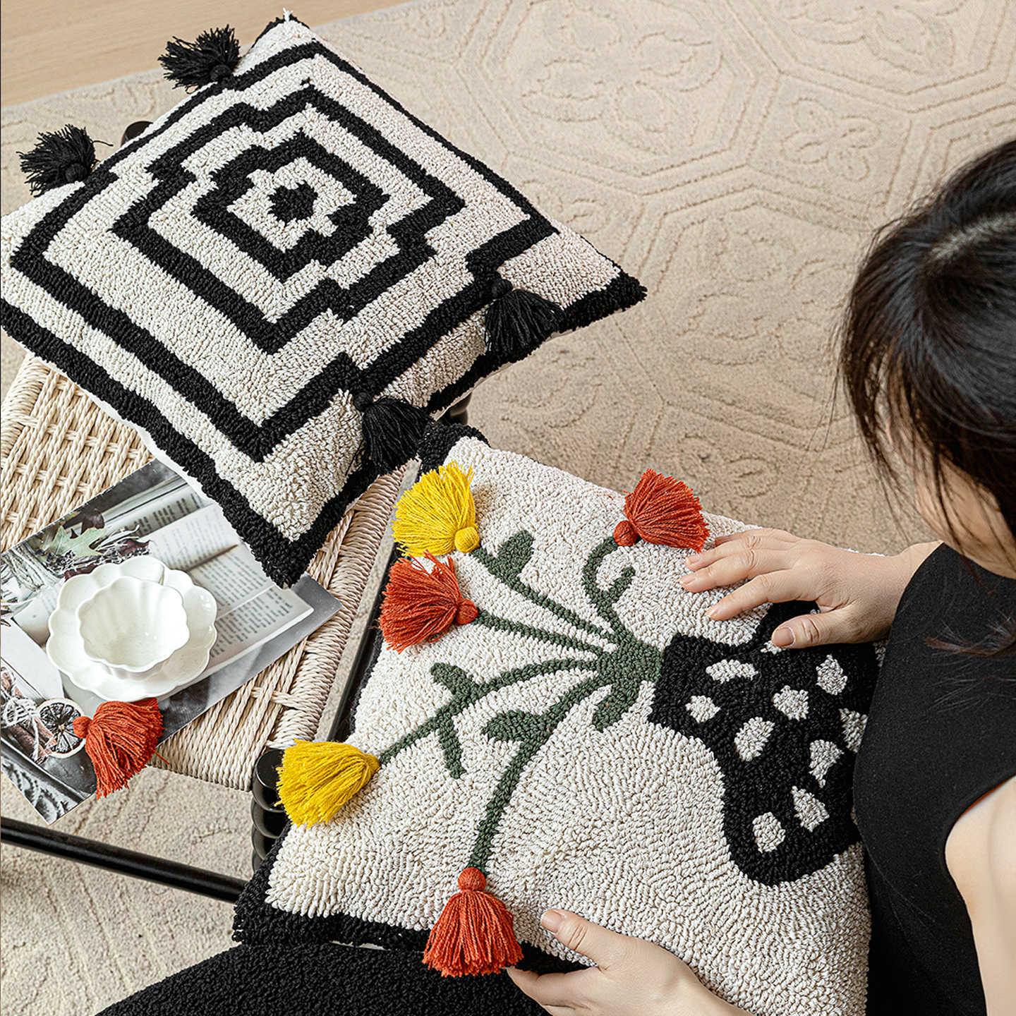 Nordic Ins Style Tufted Cushion with Cotton and Linen Loop Velvet Embroidery Decorative Cushion Pillow Sofa Vintage Style Homestay Lumbar Support