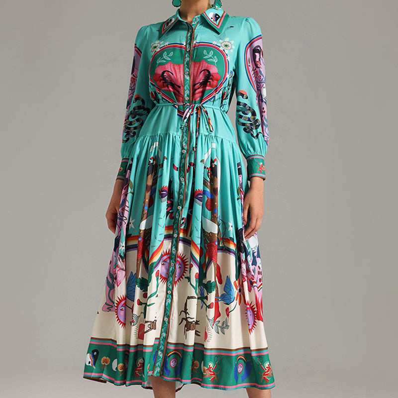 Women's Fashion Long Dress With Printed Lapel And Vintage Long Sleeves_ecoleips.com