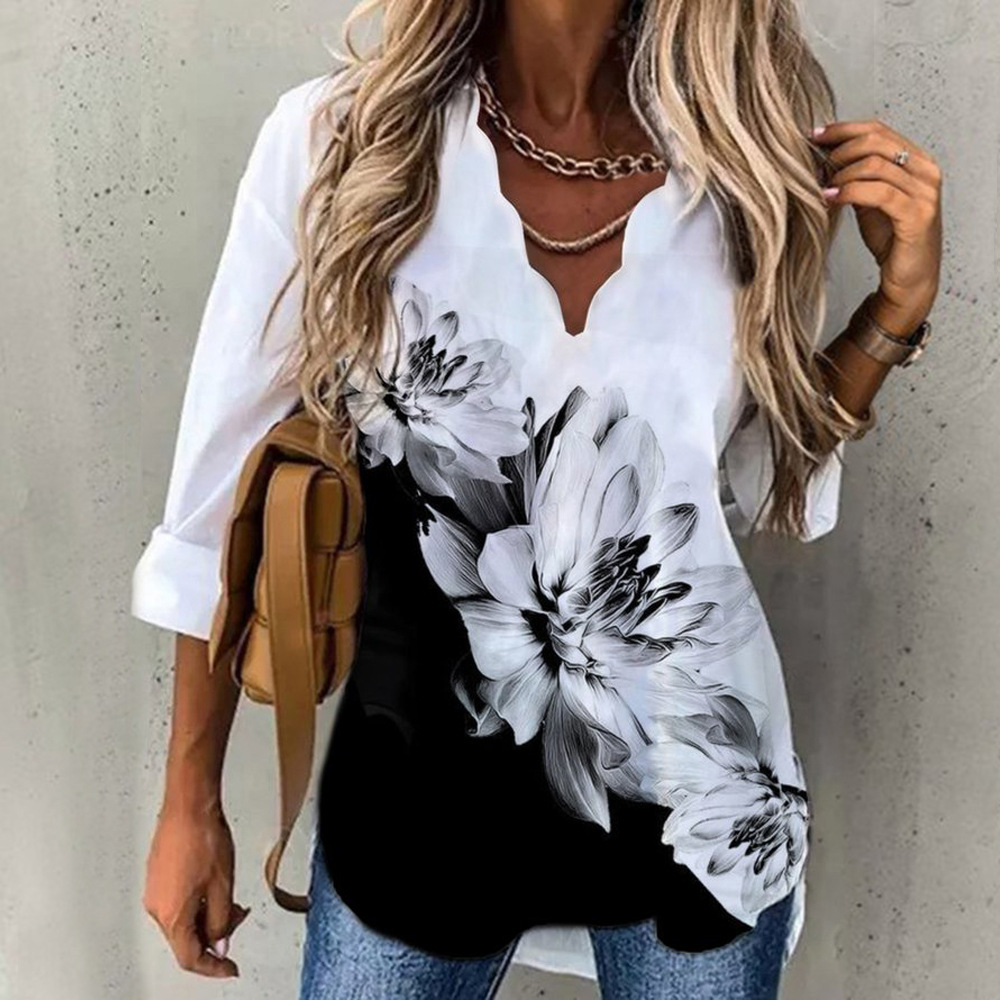 Regular Top Length T-shirt Tops Type Daily Occasion Wholesale Women'S Fashion Flower Long Sleeve Printing Ruffles Blouses