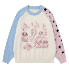 衣品男装甜美卡通插肩撞色马海毛软糯毛衣女秋季慵懒小个子针织衫