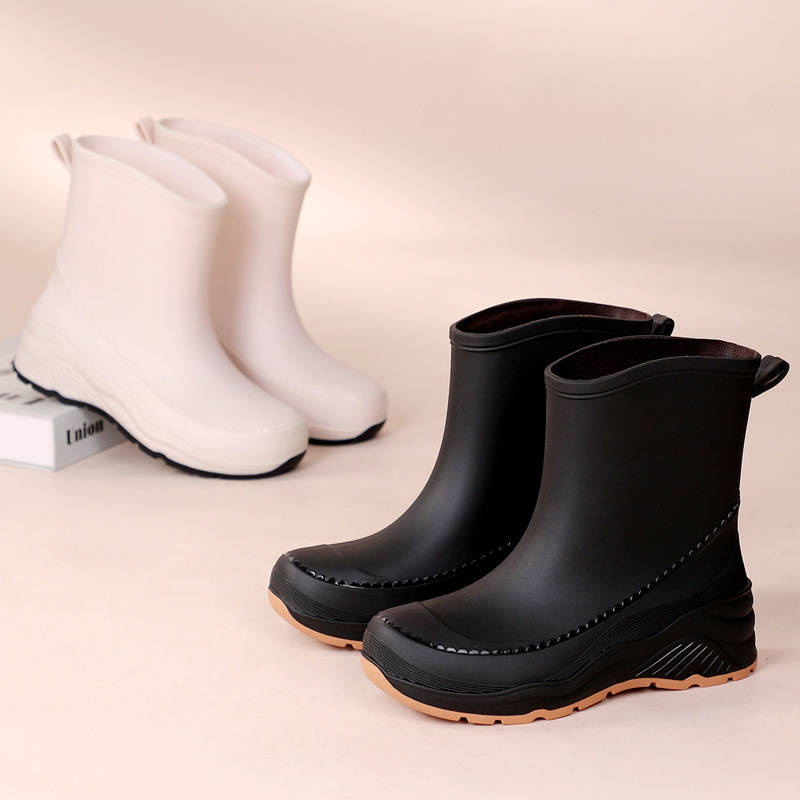 Rain Shoes Women's Waterproof Shoes Fashionable New Adult Middle Tube Lightweight Non-slip fleece-lined Thickened Warm Wear-resistant Outer Wear Rubber Shoes