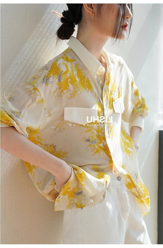 Early spring new Chinese style vintage floral printed silk top women's long sleeve contrast color age-reducing Western style chiffon shirt