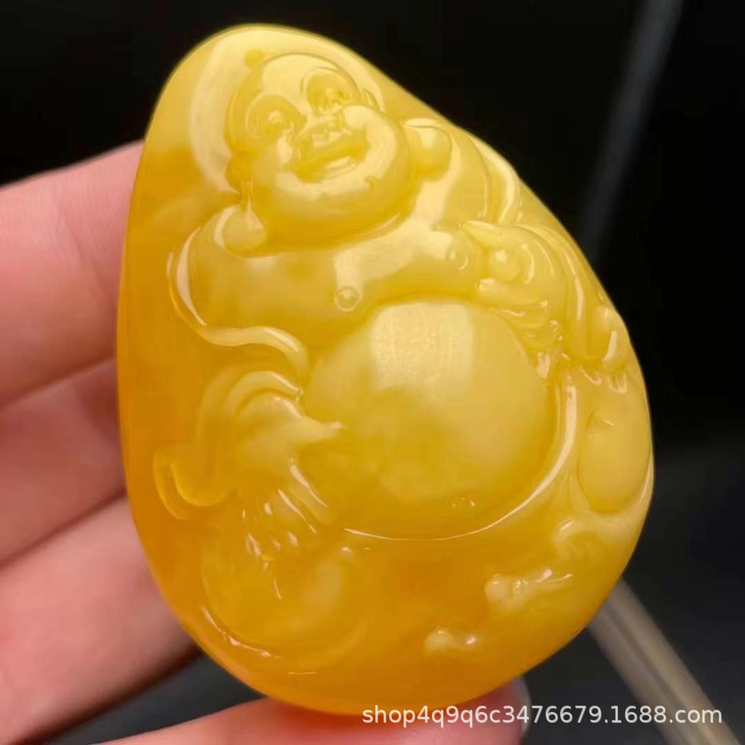 天然原矿蜜蜡极品佛公雕刻件俄料顶级蜡质满蜜白花鸡油黄吊坠批发
