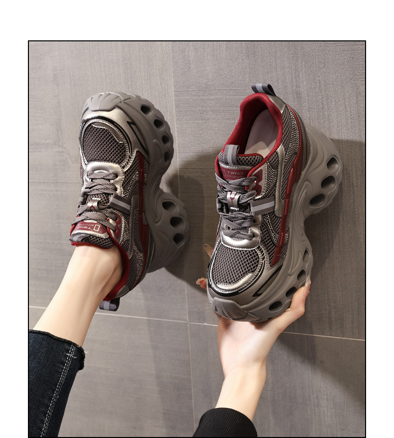 Giày sneaker nữ đế dày phong cách bố bỉm lỗ thoáng khí, tăng chiều cao 12 cm — màu nâu chi tiết 14